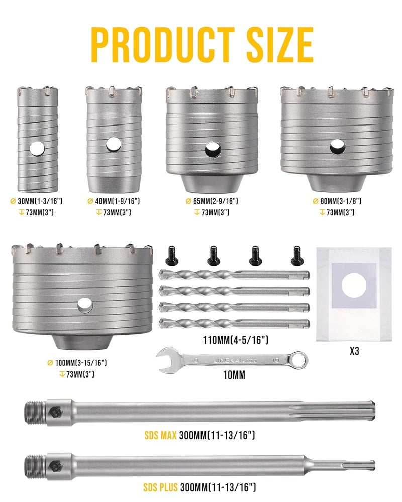TGFTGF 9PCS Concrete Hole Saw Kit, 30/40/65/80/100mm Tungsten Carbide Masonry Hole Saw Kit with 300mm SDS Plus & SDS Max Bit Shank Drill Bit Sets for Concrete, Brick, Stone, Cement, Tile,Wall Drilling - Image 2